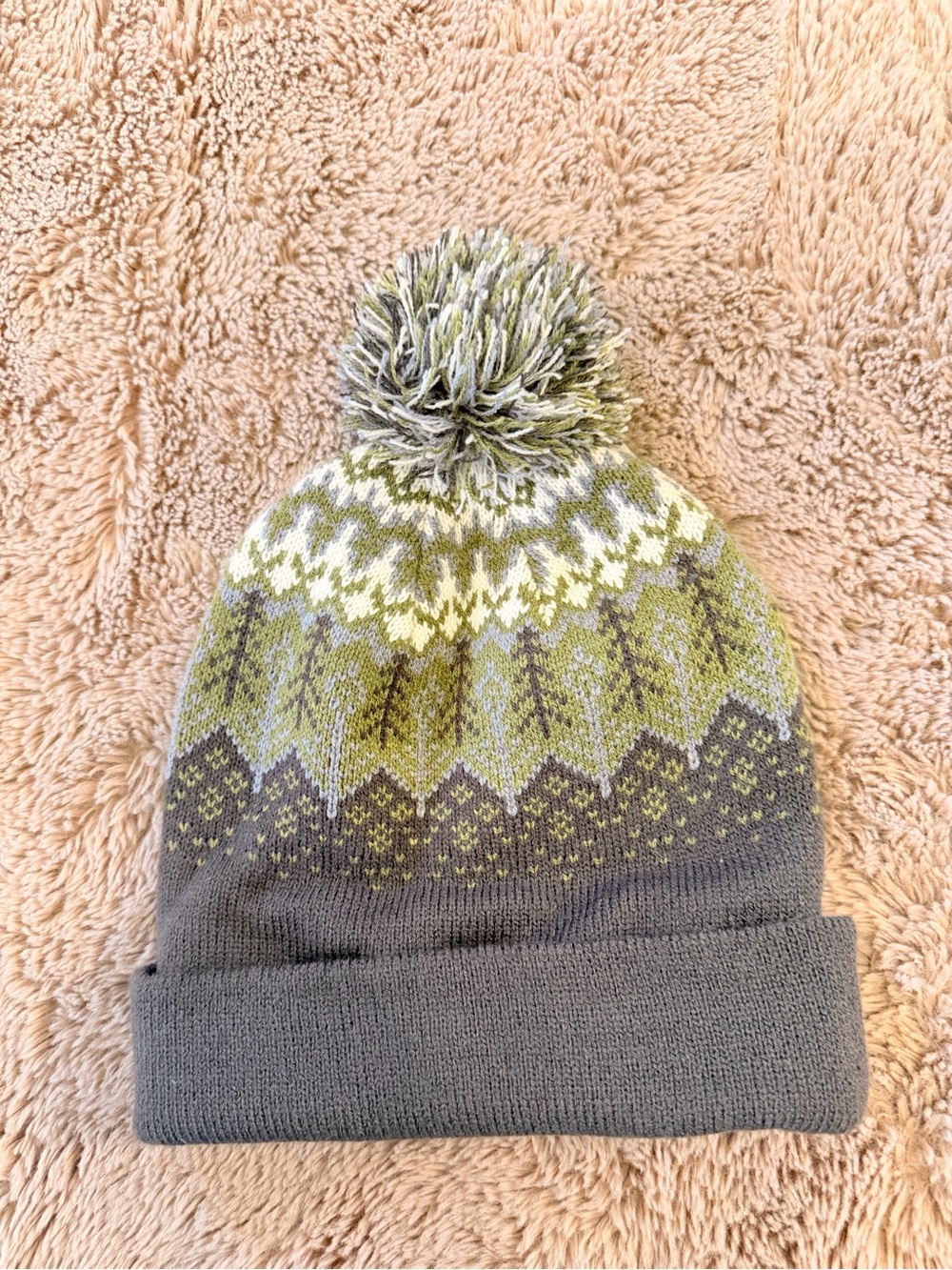 Gray and Olive Knit Pom Beanie Hat